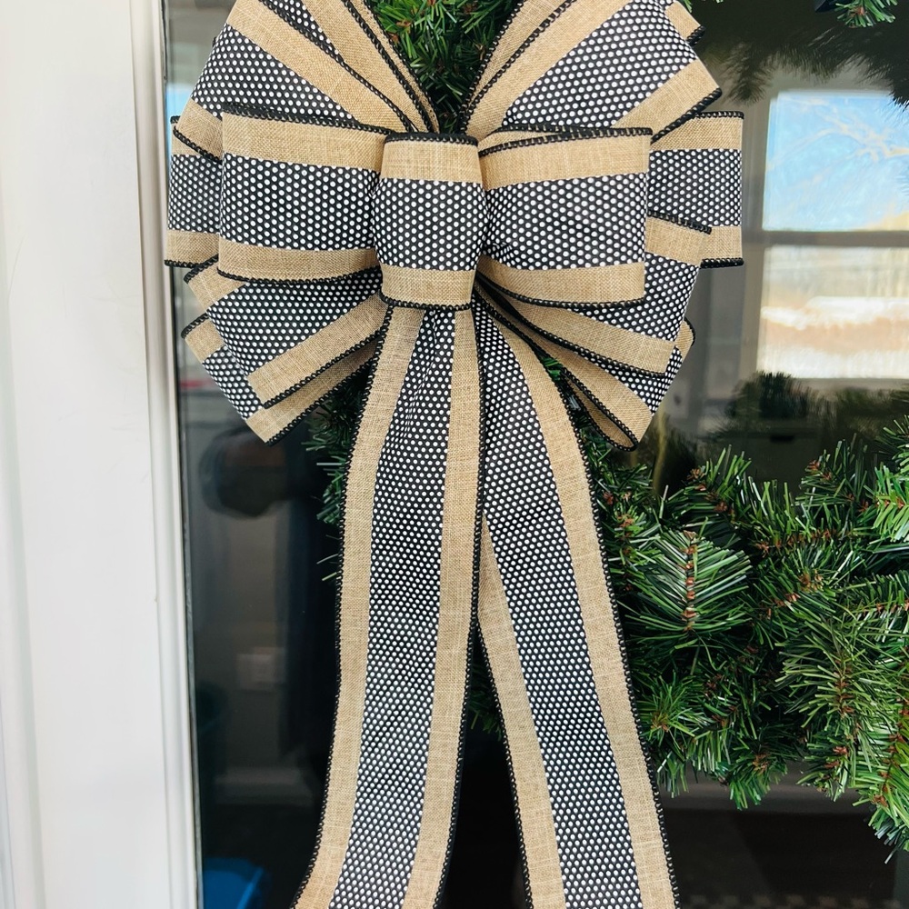 Elegant Black and Tan Polka Dot Holiday Easter Spring Summer Bow for Wreath